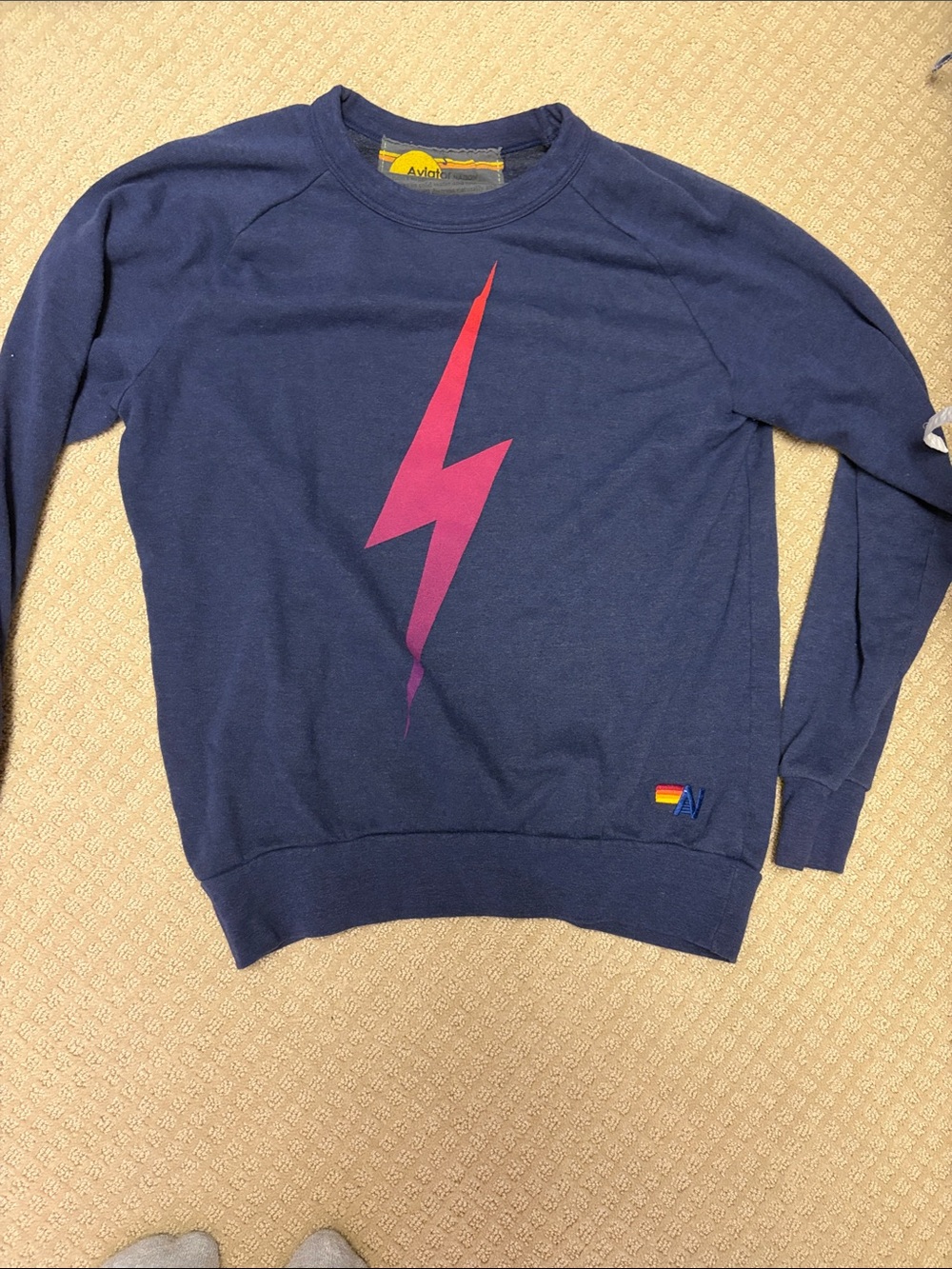 Aviator Nation Navy Crewneck with Pink Lightning Bolt